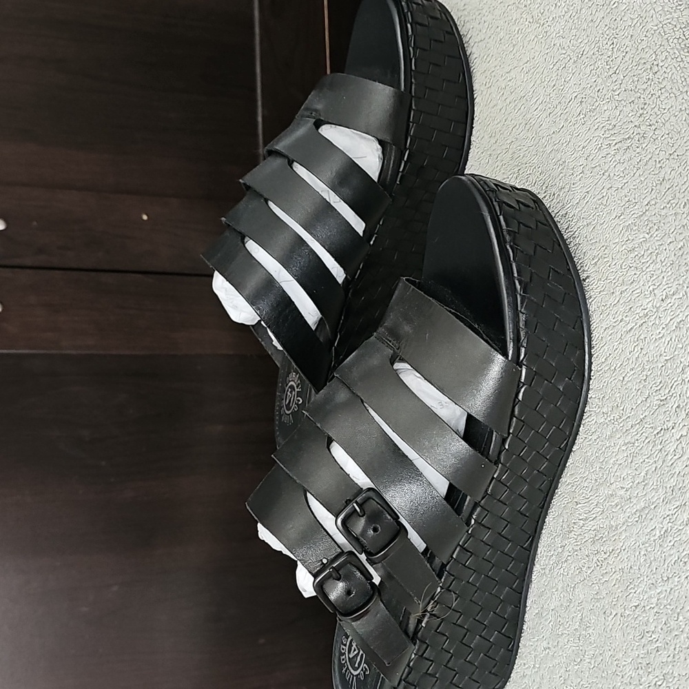Stylish Black Leather Wedge Sandals